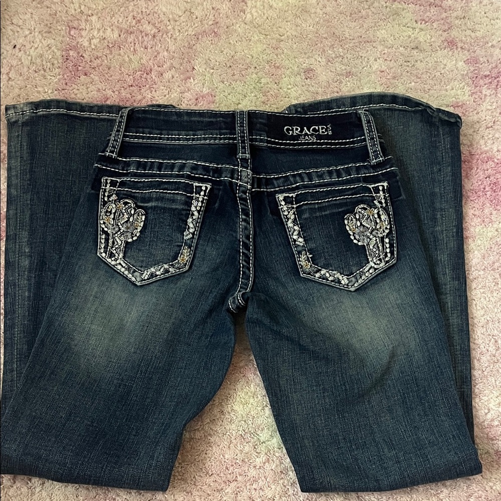 Grace in LA Kids Dark Blue Jeans with Embroidered cactus Pockets